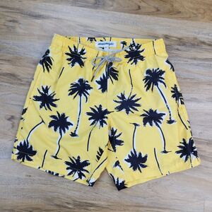 🔸️Yellow w/Blue Palm Tree Slim Fit Swim Shorts Men's XSmall